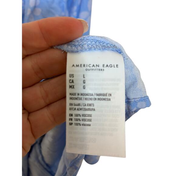 American Eagle Cottage Blue Long Sleeve Short Mini Dress Floral V Neck L - Picture 5 of 6